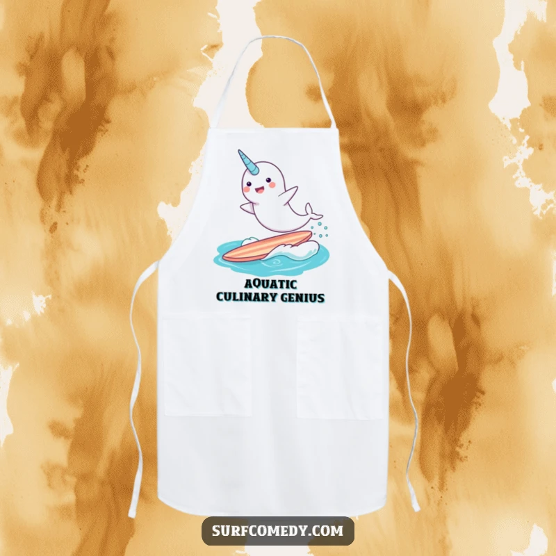 Funny narwhal character in an apron, surfing a surfboard with a flourish, a magical and humorous kitchen accessory.