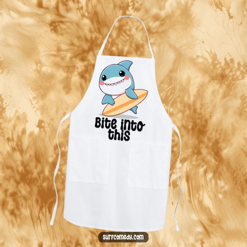 Funny kawaii shark character beaming, nudging a surfboard, perfect for a funny kitchen apron.
