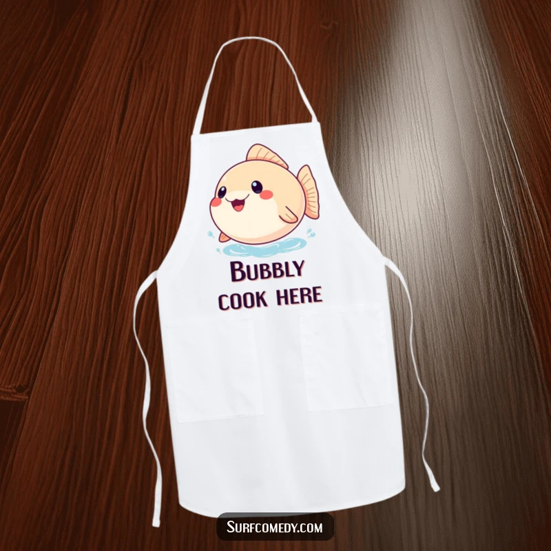 Funny apron showing a cheerful, inflated pufferfish bobbing on the water, designed to add a splash of humor to kitchen activities.