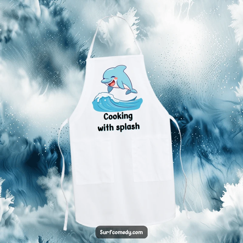 Funny laughing dolphin leaping over a playful ocean wave, on a functional and funny apron.