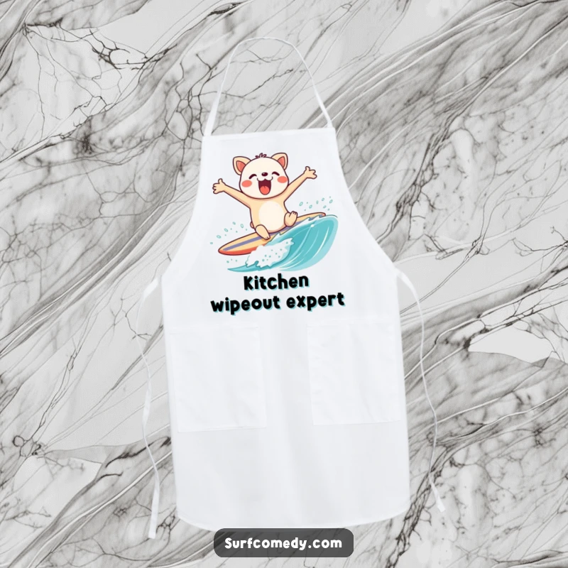 Funny apron featuring a flailing animal character comically wiping out on a surfboard, perfect for a humorous kitchen or beach cookout.