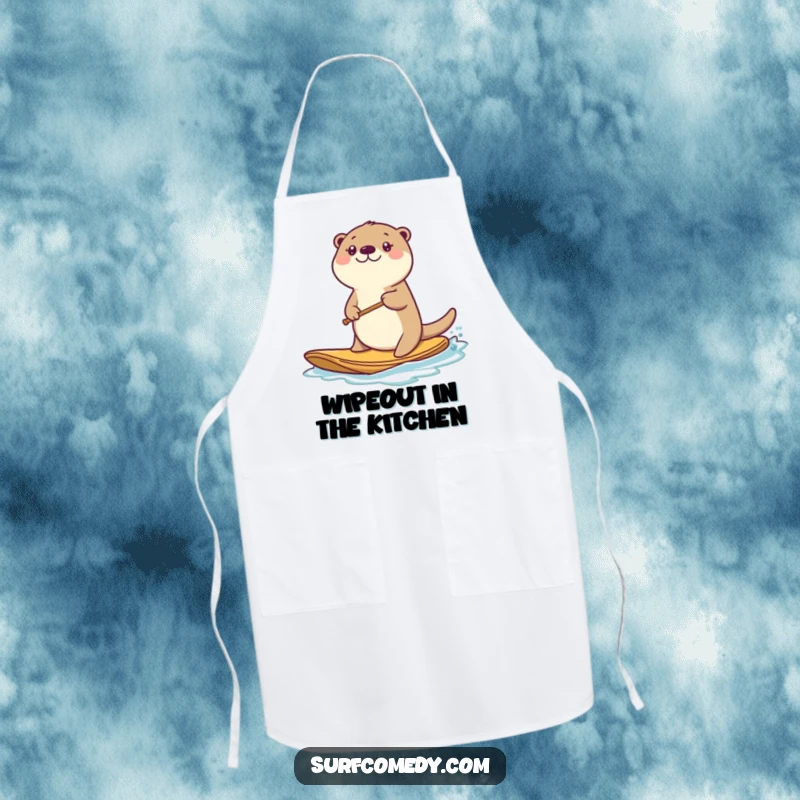 Funny kawaii sea otter character wearing an apron and paddling a board, ready for kitchen fun.