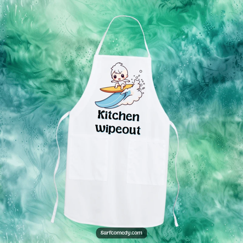 Funny Kawaii character apron depicting a comical surfboard wipeout with a splash, a great funny gift for cooks.