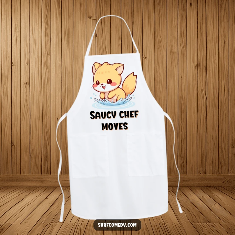 Funny apron showing a mischievous animal character playfully splashing water with its tail, ideal for a fun-loving cook.