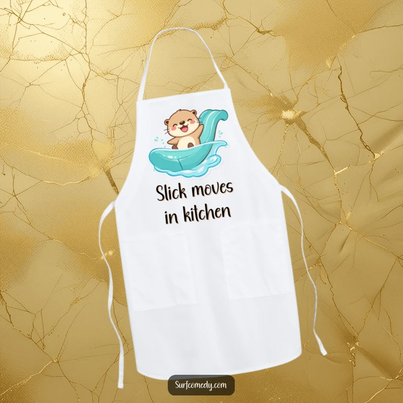 Funny otter character sliding down a water slide, depicted on a durable apron for kitchen fun.