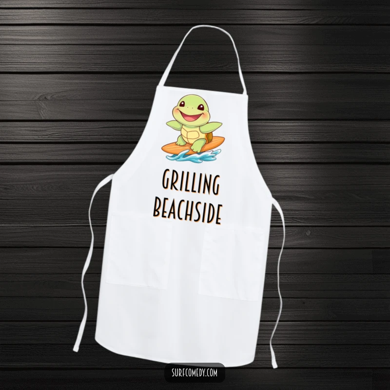 Funny cute sea turtle with a huge grin, riding a surfboard, on a functional and funny apron.