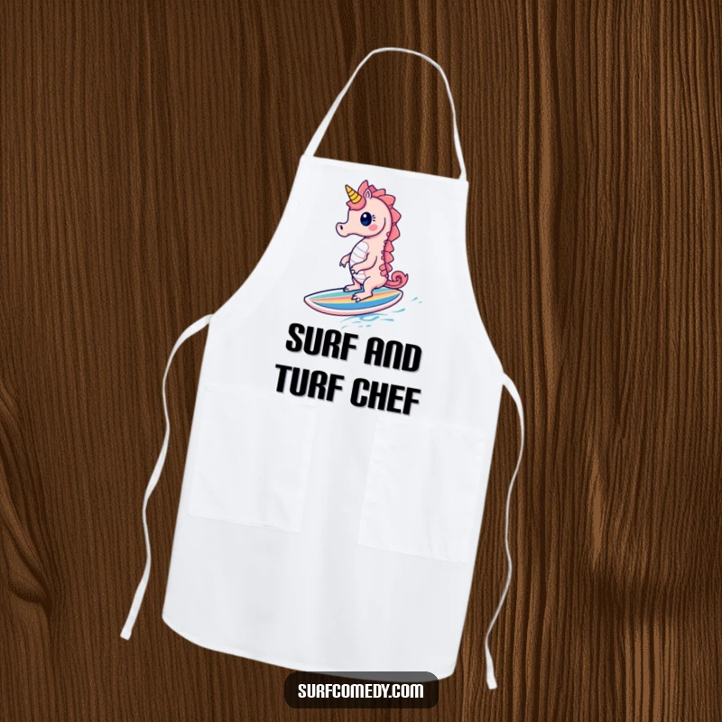 Funny Seahorse Apron: A cute seahorse character gleefully surfs on a tiny surfboard, perfect for kitchen humor.