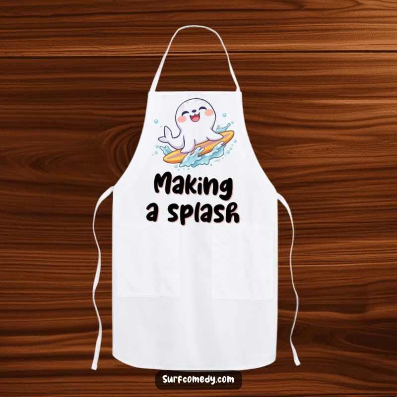 Funny laughing seal character sliding off a surfboard into a refreshing splash, a humorous and practical apron for chefs.