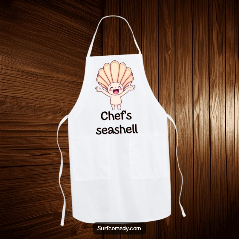 Funny apron featuring a happy character with arms outstretched, catching a giant, colorful seashell, designed for cheerful kitchen use.