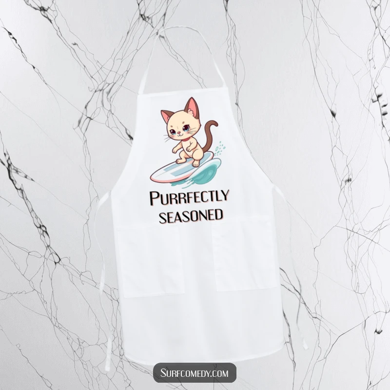 Funny Siamese Cat Surfer Apron: A cool Siamese cat surfs gracefully, adding a touch of stylish humor to kitchen duties.