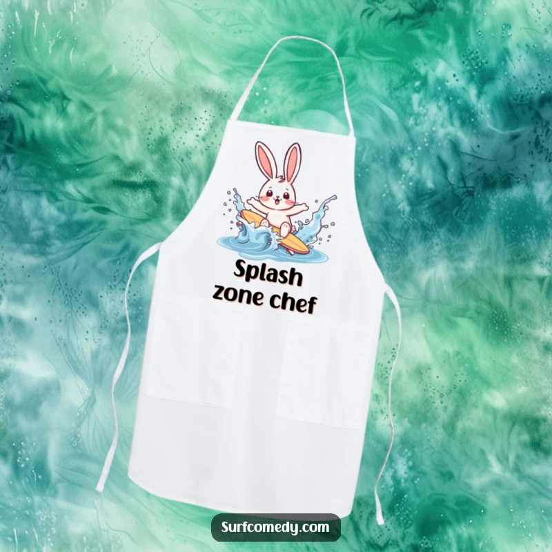 Funny rabbit surfer wiping out in a water splash on a kitchen apron, adding playful beach humor to cooking.