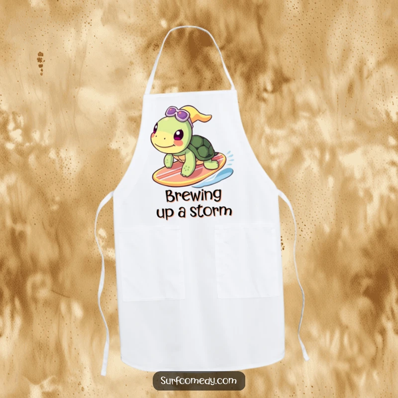 Funny turtle character wearing an apron, surfing a surfboard, ready to cook up a storm with a smile.