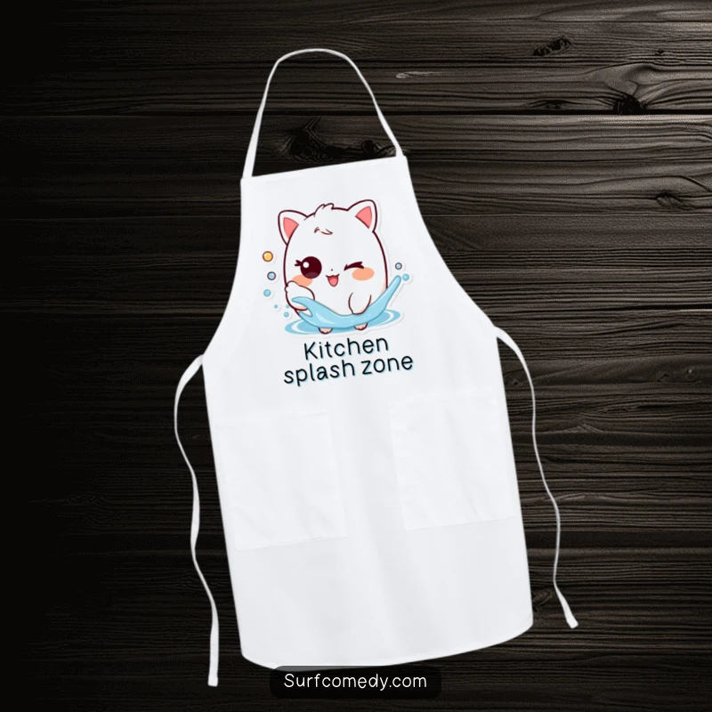 Funny apron featuring a playful character with a mischievous wink, splashing water, designed for playful kitchen activities.