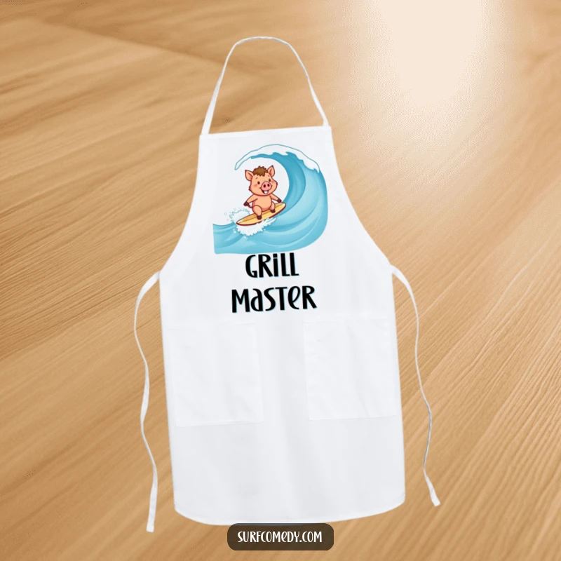 Funny Surfer Boar Apron: A happy boar character surfing a wave while cooking, ready for a beach BBQ.