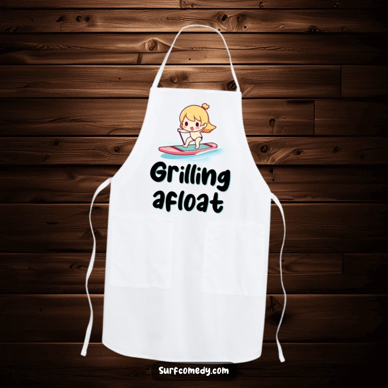 Funny Kawaii character balancing on a paddleboard on a kitchen apron, bringing water sports humor to cooking.
