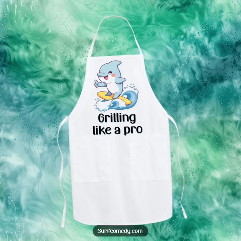 Funny dolphin apron, smiling character surfing a wave, giving a thumbs up, kitchen cheer, great funny gift.