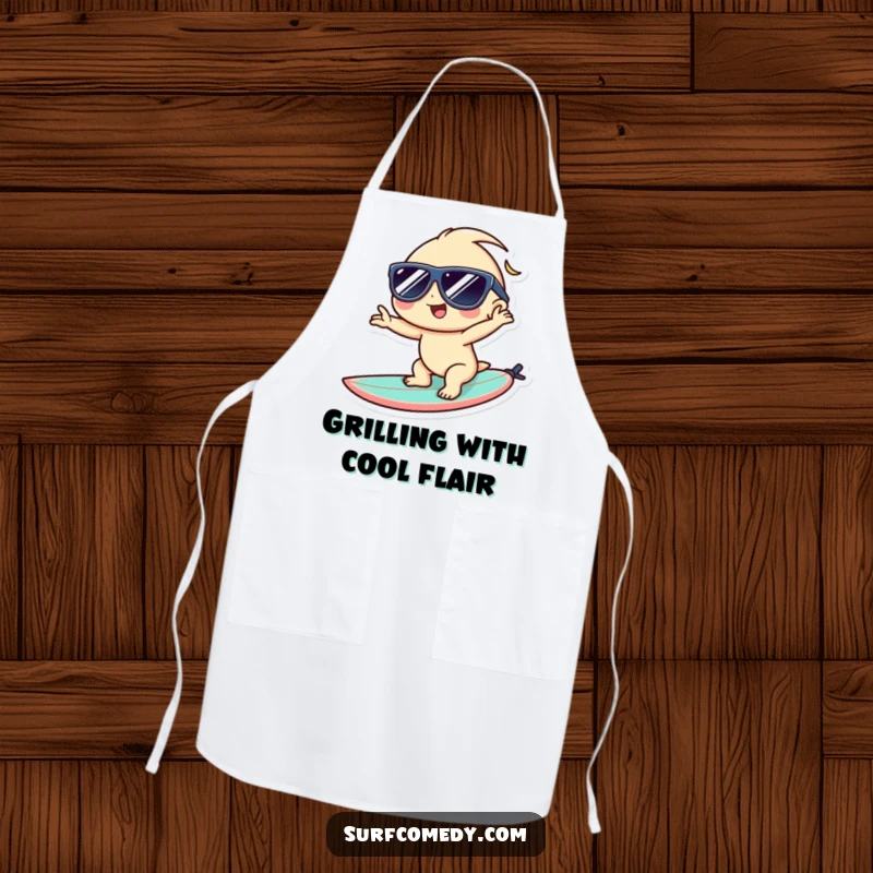 Funny Kawaii apron featuring a cool character in sunglasses posing on a surfboard, making cooking a beach-worthy activity.