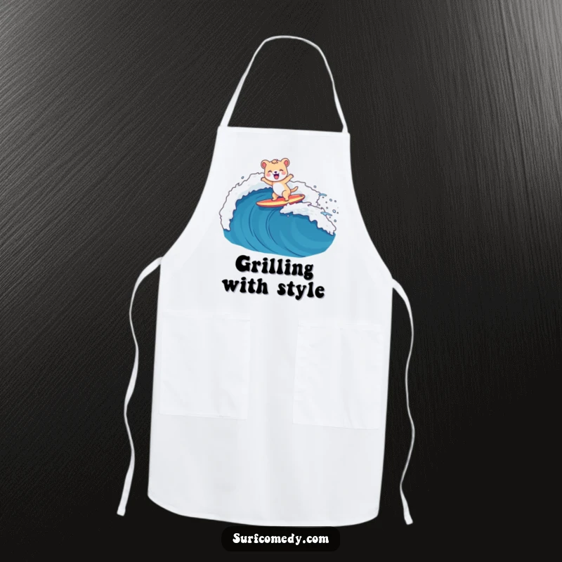 Funny apron with a happy animal character surfing a big wave on a surfboard, perfect for kitchen protection.