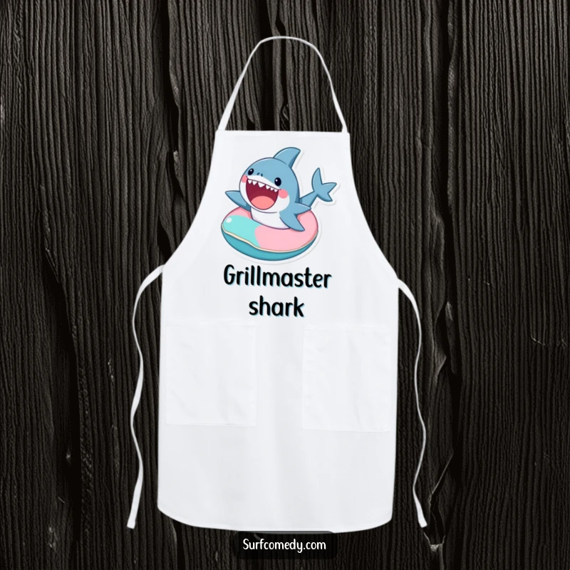 Funny cooking apron with a cute shark excitedly riding a tiny, colorful inner tube, ready for the kitchen.