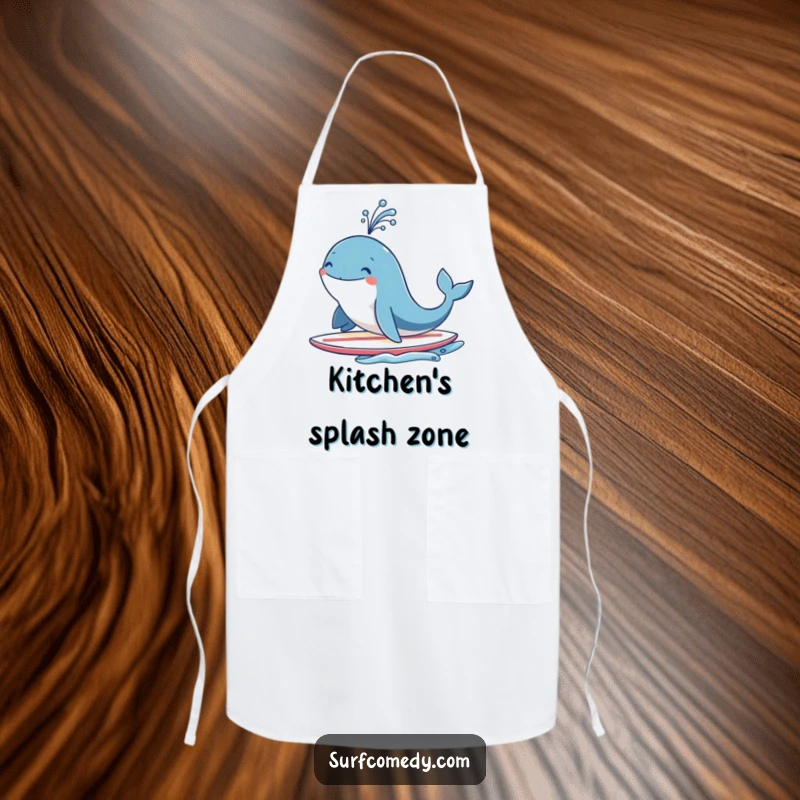 Funny smiling whale character on a surfboard, joyfully spouting water like a fountain, a humorous and practical apron for chefs.