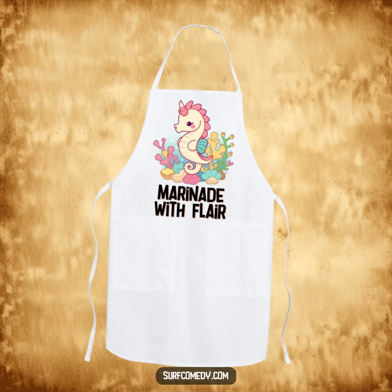 Funny apron depicting a happy seahorse gracefully swimming through a colorful coral reef, adding humor to kitchen tasks.