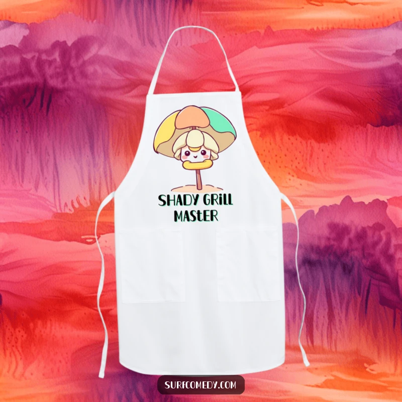 Funny Kawaii character peeking from a beach umbrella on a kitchen apron, bringing sunny humor to cooking.