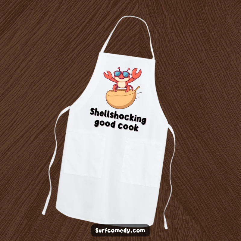 Funny apron with a playful crab in sunglasses surfing on a coconut, bringing cool, beachy vibes and humor to kitchen adventures.