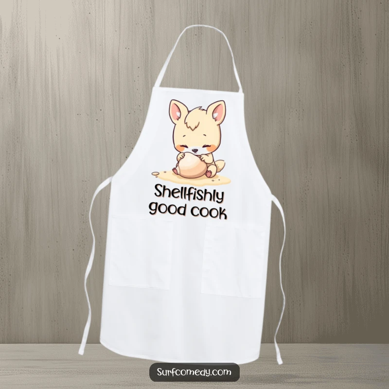 Funny apron showing a curious animal character inspecting a seashell on the beach, ideal for a playful cook.