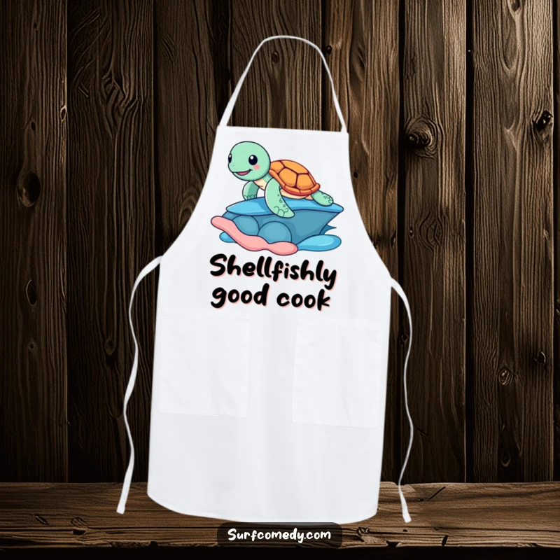 Funny apron with a cheerful sea turtle surfing on a colorful shell, bringing beachy vibes and humor to your kitchen adventures.