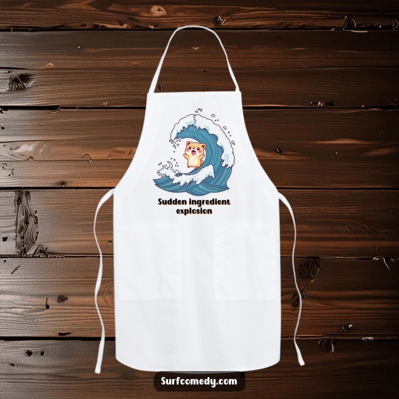 Funny apron with a surprised animal character tossed into the air by a rogue wave, perfect for a humorous kitchen adventure.