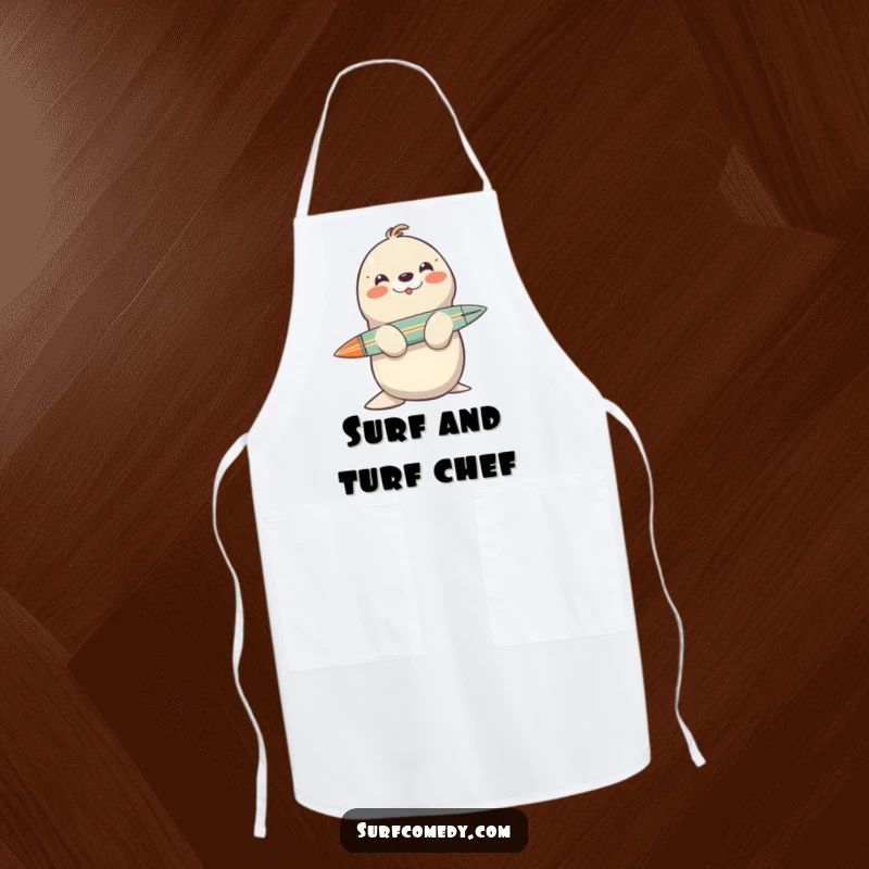 Funny cooking apron with a smiling seal character balancing a surfboard on its nose, ready for the kitchen.