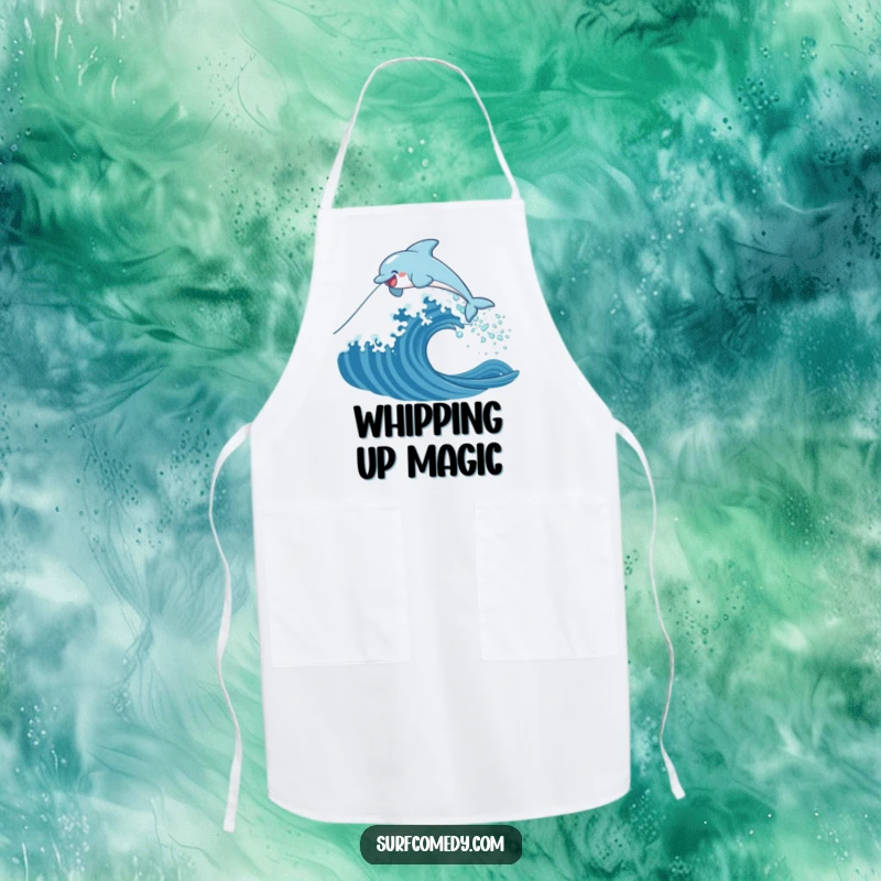 Funny apron showcasing a happy dolphin character energetically leaping over a stylized ocean wave, perfect for kitchen fun.