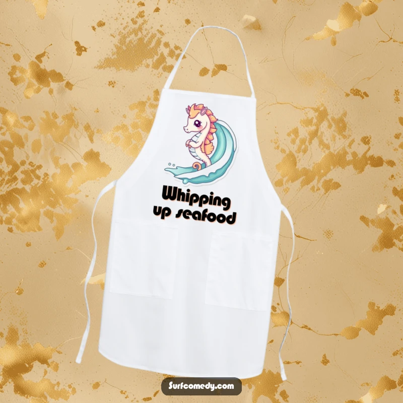 Funny apron featuring a cute kawaii seahorse riding a curling wave, designed for fun in the kitchen and a love for the sea.