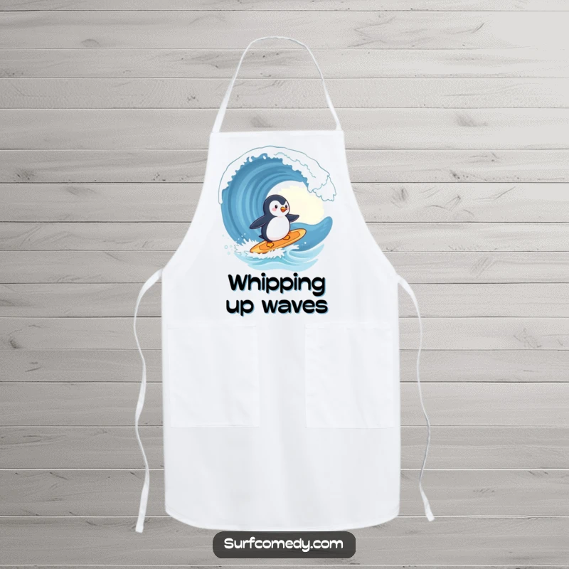 Funny penguin apron, cute character surfing a surfboard, heading towards a giant wave, kitchen fun, great funny gift.