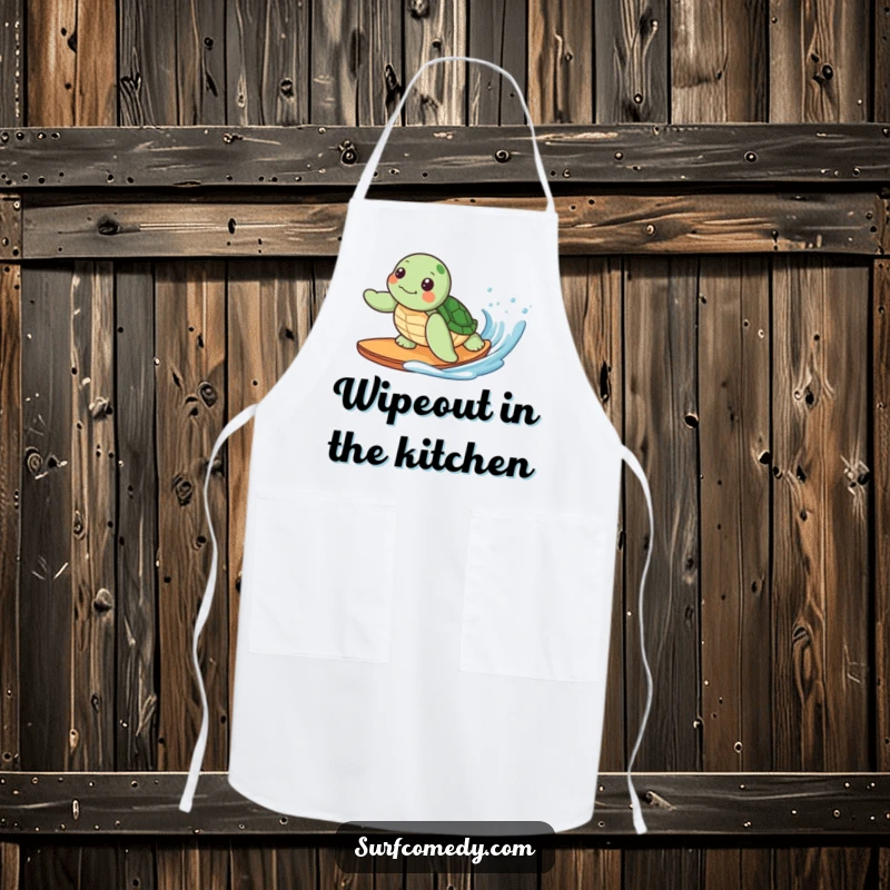Funny apron depicting a cute kawaii sea turtle character surfing a gentle wave, ideal for beach-themed cooking and kitchen fun.