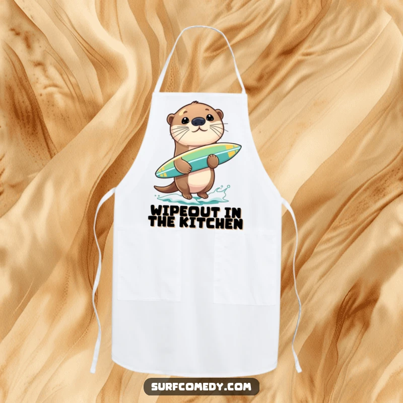Funny sea otter character in an apron, skillfully balancing a surfboard on its nose, a humorous kitchen essential.