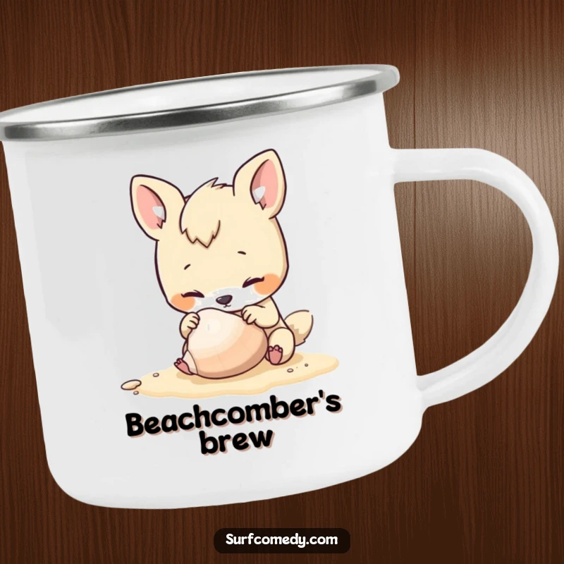 Funny camping mug with a curious animal character inspecting a seashell on the beach, ideal for outdoor enthusiasts.