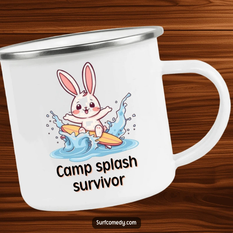 Funny rabbit surfer wiping out in a water splash on a metal camping mug, perfect for outdoor drinks with humor.