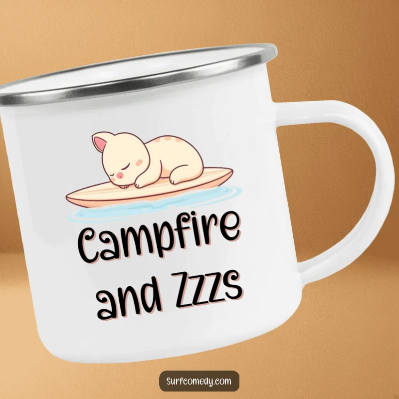 Funny camping mug with a sleepy animal character peacefully napping on a surfboard in calm waters, ideal for relaxation.