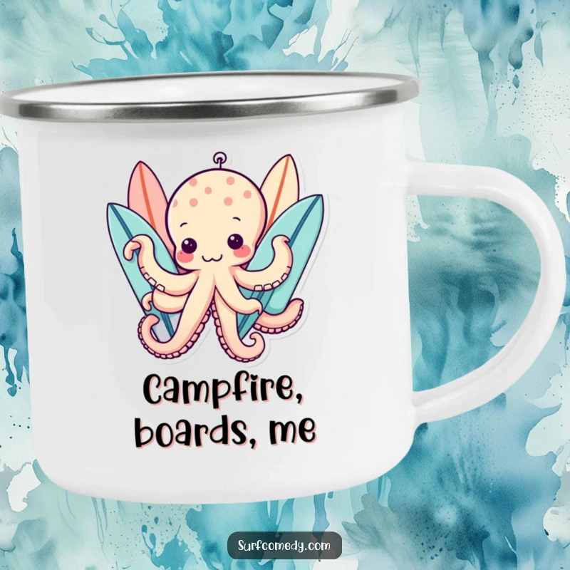 Funny kawaii octopus character holding multiple surfboards with tentacles, durable funny camping mug.