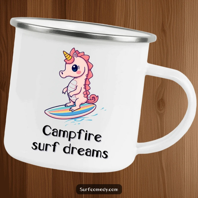 Funny Seahorse Camping Mug: A cute seahorse character gleefully surfs on a tiny surfboard, perfect for outdoor humor.
