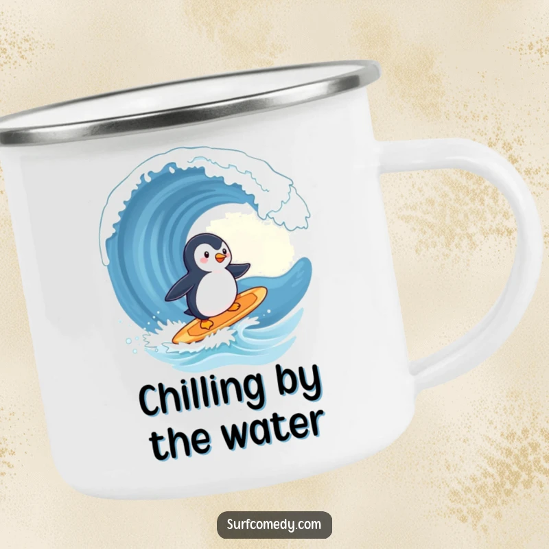Funny penguin camping mug, cute character surfing a surfboard, heading towards a giant wave, outdoor adventure, great funny gift.