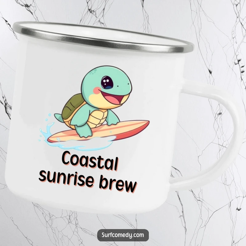 Cute sea turtle character with a huge grin surfing a surfboard on a durable camping mug.