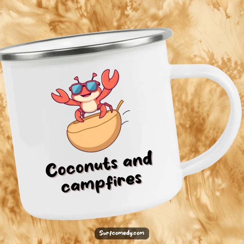 Funny camping mug featuring a playful crab in sunglasses surfing on a coconut, perfect for outdoor drinks and beachy humor.