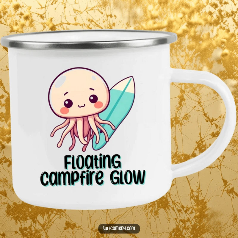 Funny kawaii jellyfish character curiously floating near a surfboard, durable funny camping mug.