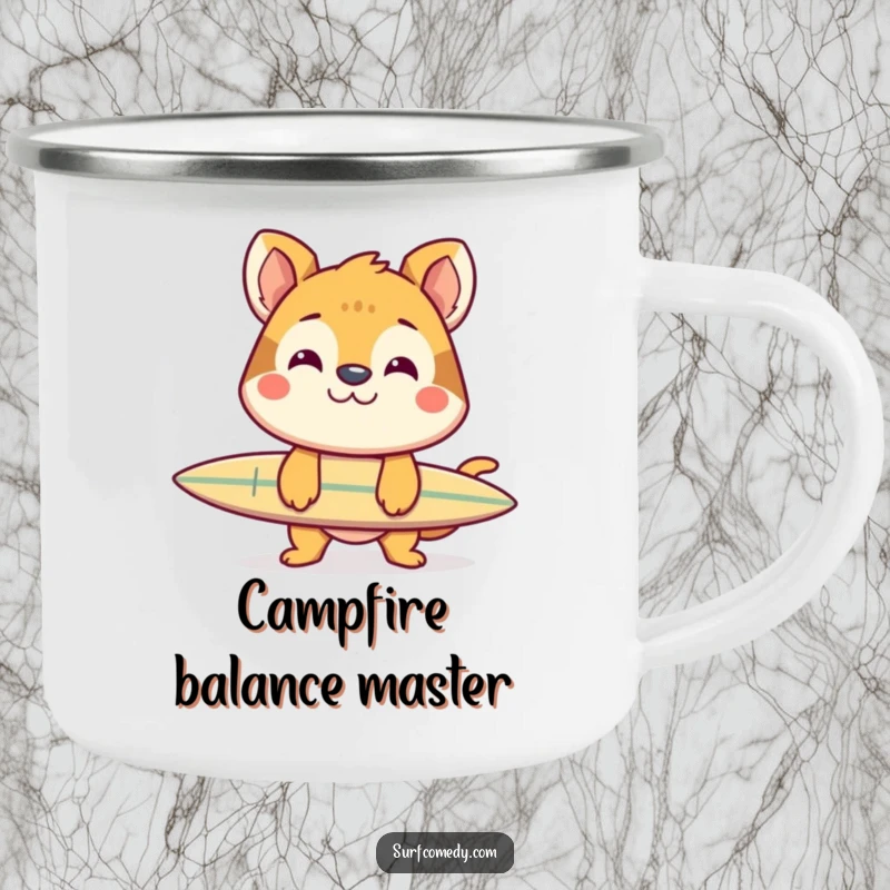 Funny camping mug with a cheerful animal grinning, balancing a surfboard on its nose, ready for outdoor adventures.