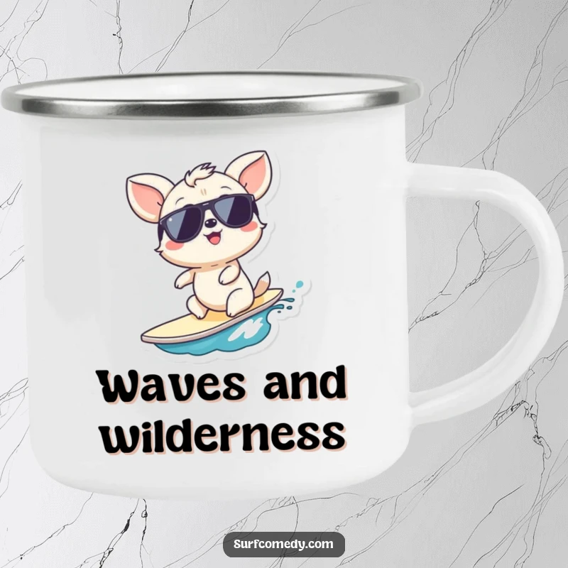 Funny beach vibes camping mug, a durable mug with a giggling animal surfer, ready for the outdoors, a fun funny gift.
