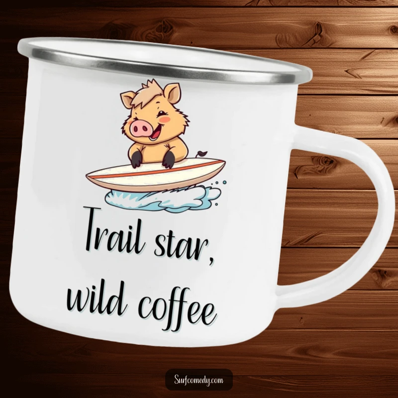 Funny camping mug featuring a boar signing autographs on a surfboard, perfect for outdoor celebrations.