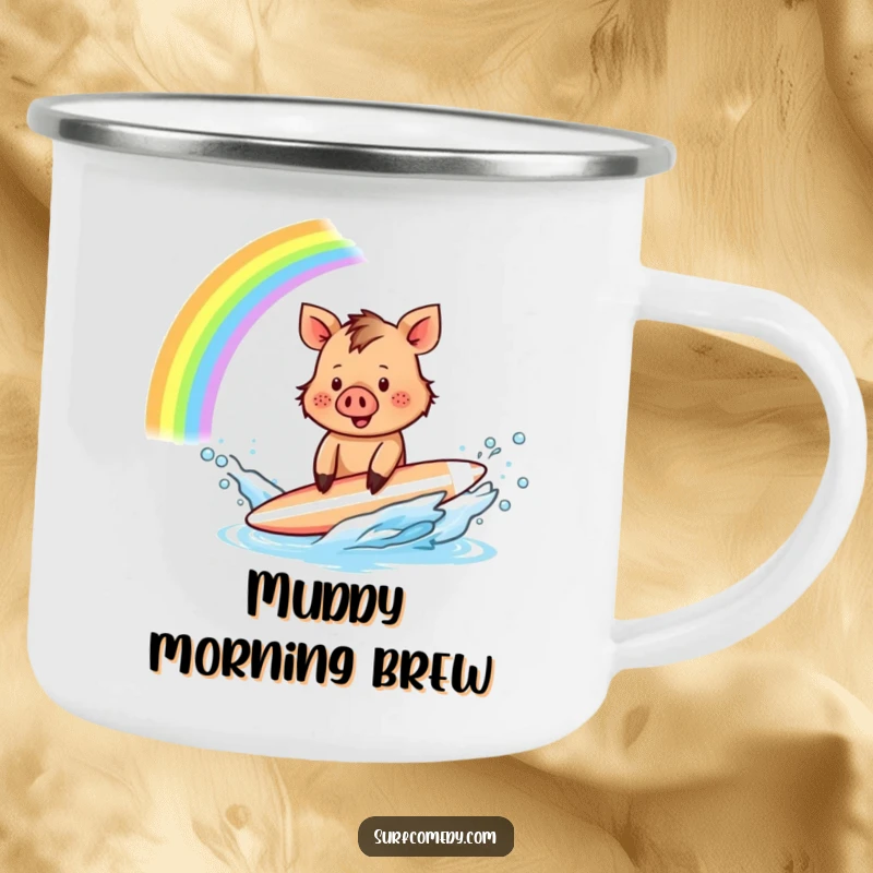 Funny Boar Surfer Camping Mug: A tiny boar creates a rainbow splash, perfect for outdoor adventures and whimsical enjoyment.