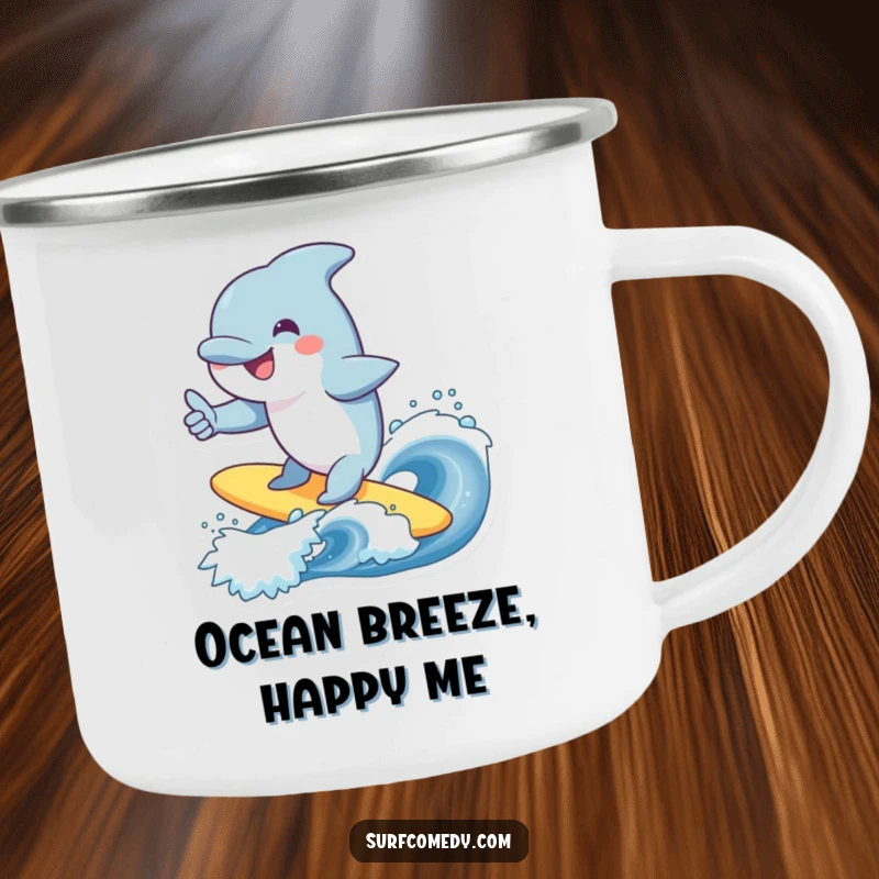 Funny dolphin camping mug, smiling character surfing a wave, giving a thumbs up, outdoor cheer, great funny gift.